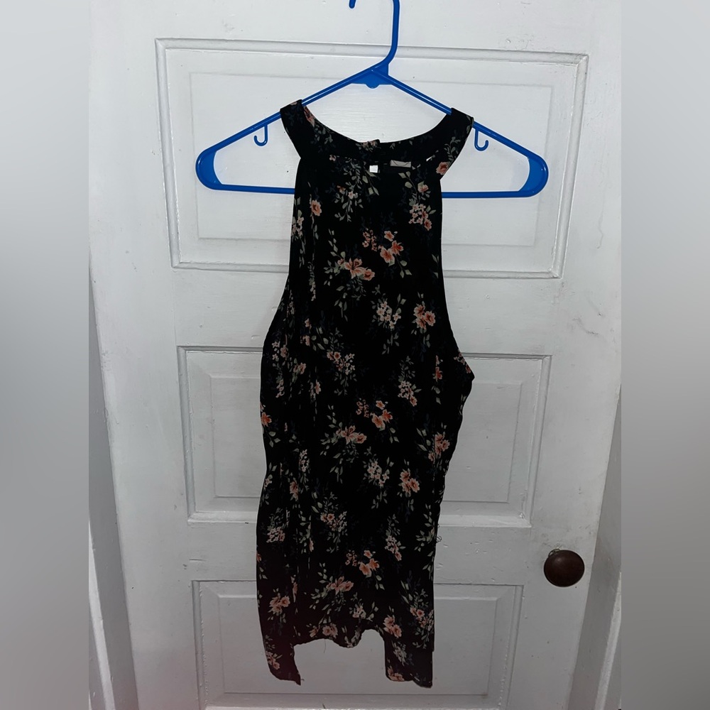 Paper Crane Tank Top Black Pink Floral Halter Neck Side Split Hi Lo Hem